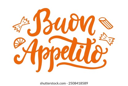 Buon Appetito italiano logotipo do vetor emblema com caligrafia moderna escrita à mão. Logotipo de letras elegante, design de menu, vintage estilo retro. Serviço de restaurante para eventos e festas.