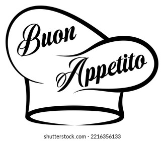 Buon Appetito vector lettering in black. With chef hat. White isolated background.
Italian meal wish for a good food.
Translation: Buon Appetito is Enjoy your meal.