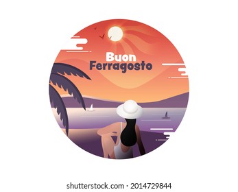 Buon Ferragosto Concept With Back View Of Modern Young Woman Sitting On Beach Side.