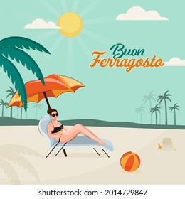 Buon Ferragosto Concept With Modern Young Woman Sit On Lounger Side Beach View.