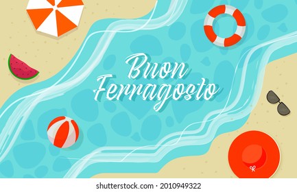 Buon Ferragosto Concept With Top View Of Summer Beach Background.