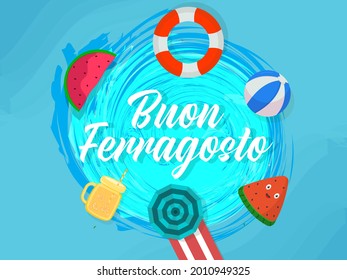 Buon Ferragosto Font With Top View Of Beach Summer Elements On Blue Brush Stroke Background.