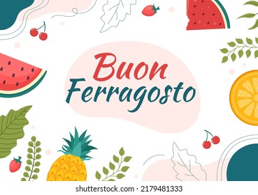 Buon Ferragosto Italian Summer Festival in  Beach Cartoon Illustration on Public Holiday Celebrated on 15 August in Flat Style Design