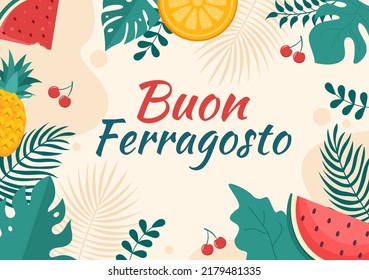 Buon Ferragosto Italian Summer Festival in  Beach Cartoon Illustration on Public Holiday Celebrated on 15 August in Flat Style Design