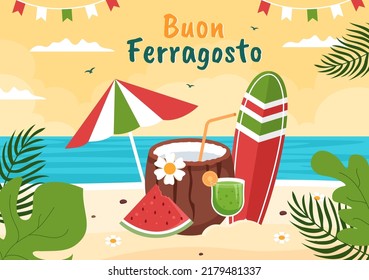 Buon Ferragosto Italian Summer Festival in  Beach Cartoon Illustration on Public Holiday Celebrated on 15 August in Flat Style Design