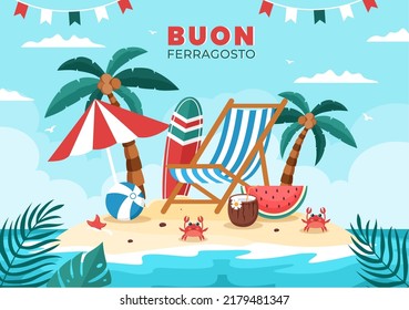 Buon Ferragosto Italian Summer Festival in  Beach Cartoon Illustration on Public Holiday Celebrated on 15 August in Flat Style Design