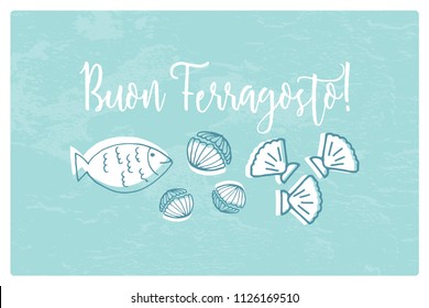 Buon Ferragosto italian summer holiday illustration with seafood doodles