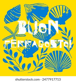 Buon Ferragosto italian summer holiday illustration with seafood doodles