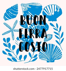 Buon Ferragosto italian summer holiday illustration with seafood doodles