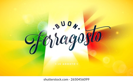 Buon Ferragosto Itália Midsummer Festival Design com bandeira colorida e letras tipográficas no fundo amarelo. Ilustração em língua italiana vetorial com elementos de férias de verão para banner, folheto