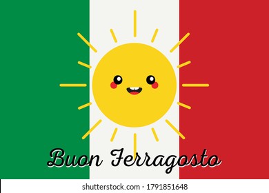 Buon Ferragosto vector illustration, card with cute smiling sun character in front of italian flag for traditional italian august holiday.