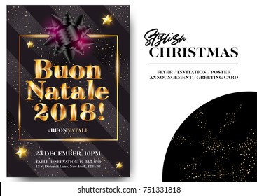 Buon Natale 2018 Merry Christmas in Italian. Stylish Black Greeting Card Design. Vector Elegant Invitation Template. Xmas Celebration. Dark Background with Shining Text and Gold Glitter Stripes.