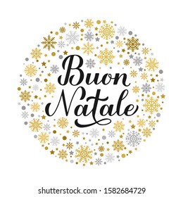 Buon Natale calligraphy hand lettering with gold and silver snowflakes, stars and dots. Merry Christmas typography poster in Italian. Vector template for greeting card, banner, flyer, invitation, etc.