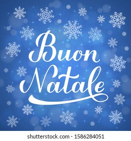 Buon Natale calligraphy hand lettering on blue background with bokeh and snowflakes. Merry Christmas typography poster in Italian. Easy to edit vector template for greeting card, banner, flyer, etc.