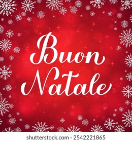 Buon Natale caligrafia mão sobre fundo vermelho com bokeh e flocos de neve. Cartaz de tipografia de Feliz Natal em italiano. Modelo vetorial para cartão de saudação, faixa, folheto, convite, etc