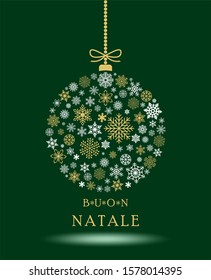 Buon Natale Christmas bauble vector with snowflakes and italian christmas greetings on white background.
Translation italian to english: Buon Natale is Merry Christmas.