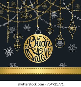Buon Natale christmas greeting card .Ball, garlands and ribbon.Holiday italian background.Christmas design template.Vintage vector.Winter decoration, snowflakes.