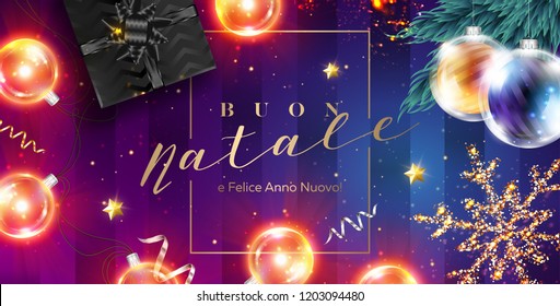 Buon Natale e Felice Anno Nuovo Vector Card. Merry Christmas and Happy New Year in Italian. Xmas Poster Template with Frame, Black Gift Box, Ribbon, Christmas Lights, Golden Glittering Star.