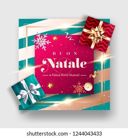 Buon Natale e Felice Anno Nuovo Vector Background. Merry Christmas and Happy New Year in Italian. Xmas Poster Template with Gift Box, Ribbon Bow, Candle, Silver Star. Holiday Composition, Top View.