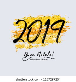 Buon Natale Felice Anno Nuovo - Merry Christmas happy new year Italian phrase. Abstract grunge greeting poster card. Holiday background. Seasonal winter party invitation.