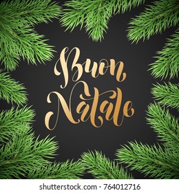 Buon Natale Italian Merry Christmas holiday golden hand drawn calligraphy text for greeting card of wreath decoration and Christmas fir garland frame. Vector golden font text black background design