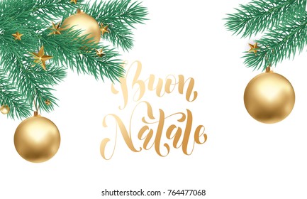 Buon Natale Italian Merry Christmas holiday golden hand drawn calligraphy text for greeting card of Christmas star ornament decoration. Vector golden font text on white snow background