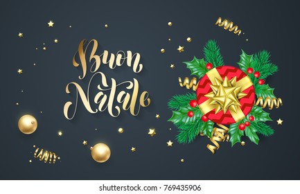 Buon Natale Italian Merry Christmas holiday golden calligraphy and gold decoration greeting card template. Vector Christmas tree holly wreath decoration confetti on black premium background design