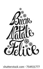 Buon Natale lettering in Christmas tree shape.Vector greeting card template. Italian Handwriting Holiday background.New year Vintage typography design