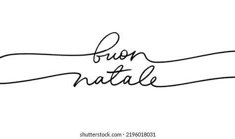 Buon Natale line lettering in continuous style with swashes. Merry Christmas phrase in Italian language. Hand drawn typography isolated on white background. Modern vector black calligraphy. 