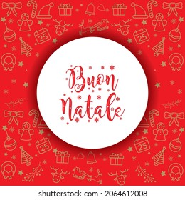 Buon Natale . Buon Natale in lingua italiana su fondo rosso con addobbi natalizi. Tipografia vettoriale per biglietti di auguri, cartoline, banner