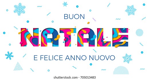 Buon Natale Merry Christmas and Felice Anno Nuovo Happy New Year Italian holiday greeting card white background. Winter snowflakes pattern on vector paper cut multi color layers text carving poster