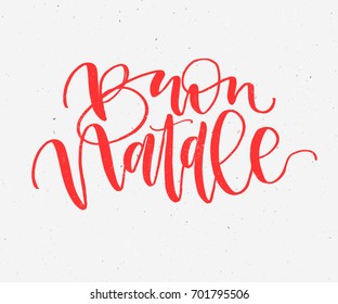 Buon Natale. Merry Christmas handwritten calligraphy in Italian. Greeting red typography on gray background. Vector Illustration hand drawn Lettering.