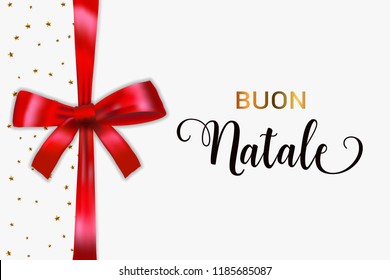 Buon Natale Merry Christmas italian typography. Christmas vector card with blue realistic bow and golden stars.