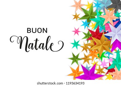 Buon Natale Merry Christmas italian typography. Christmas vector card with bright colorful stars and space for text on white background.