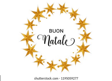 Buon Natale Merry Christmas italian typography. Christmas vector card with golden stars and round confetti in circular design on white background.