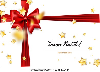 Buon Natale - Merry Christmas italian greetings. Holiday Christmas red gift silk bow. Xmas textile decor. Realistic 3d vector illustration. Gold star shimmer random falling