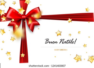 Buon Natale - Merry Christmas italian greetings. Holiday Christmas red gift silk bow. Xmas textile decor. Realistic 3d vector illustration. Gold star shimmer random falling