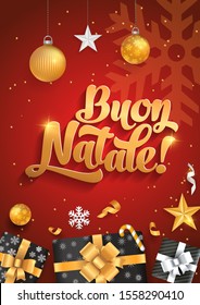 buon natale merry christmas in italian language red banner template glitter gold elements snowflakes stars and calligraphy happy vacation star party abstract holiday background scene ball red gold cer