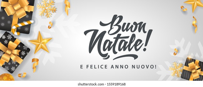 buon natale merry christmas in italian language white card template glitter gold elements snowflakes stars and calligraphy happy classic white vacation star party abstract holiday background scene bal