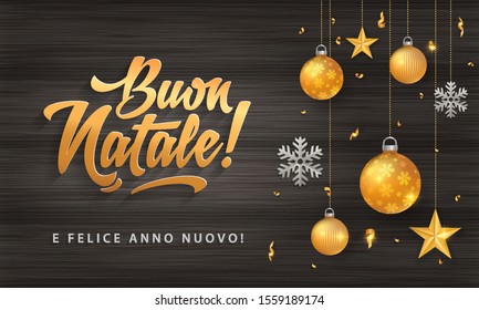 buon natale merry christmas in italian language black wood card template glitter gold elements snowflakes stars and calligraphy happy classic vacation star party abstract holiday background scene ball