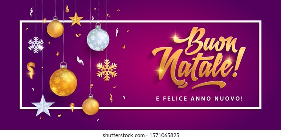 buon natale merry christmas in italian language purple card template with decoration elements snowflakes stars and calligraphy happy colour classic vacation star party abstract holiday background scen