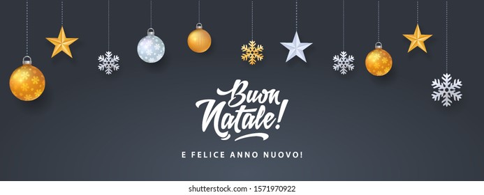 buon natale merry christmas in italian language black card template with decoration elements snowflakes stars and calligraphy happy classic vacation star party black abstract holiday background scene