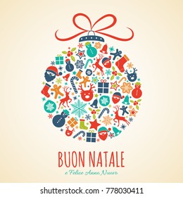 Buon Natale - Merry Christmas in Italian. Christmas card with ornaments. Vector.	
