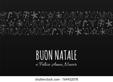 Buon Natale - Merry Christmas in Spanish. Concept of Christmas card with decoration. Vector.