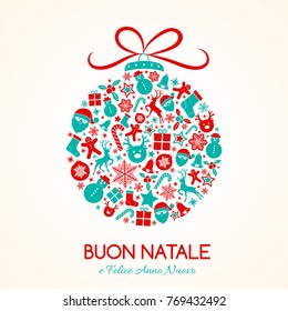 Buon Natale - Merry Christmas in Spanish. Concept of Christmas card with decoration. Vector.