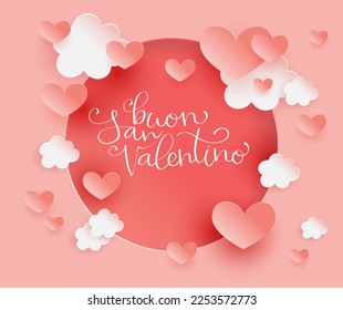 Buon San Valentino translation from italian Happy Valentine day. Handwritten calligraphy lettering illustration. Vector background with paper cut hearts and clouds, banner template.