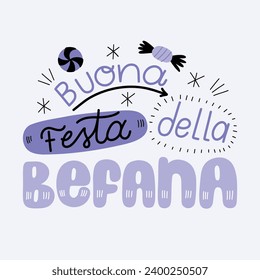 Buona Befana background. Translation: Happy Epiphany. witch flying on a broom. Cartoon Vector illustration for Poster, Banner, Greeting, Card, Post.