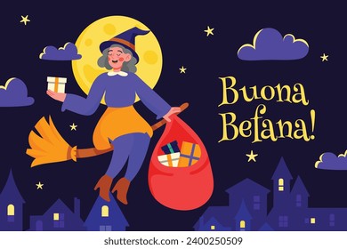 Buona Befana background. Translation: Happy Epiphany. witch flying on a broom. Cartoon Vector illustration for Poster, Banner, Greeting, Card, Post.