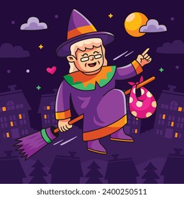 Buona Befana background. Translation: Happy Epiphany. witch flying on a broom. Cartoon Vector illustration for Poster, Banner, Greeting, Card, Post.