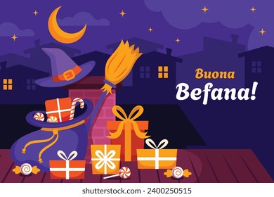 Buona Befana background. Translation: Happy Epiphany. witch flying on a broom. Cartoon Vector illustration for Poster, Banner, Greeting, Card, Post.